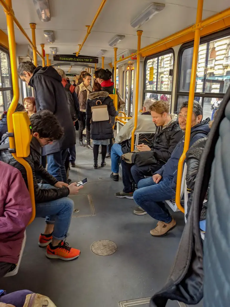 Inside a tram car in Budapest